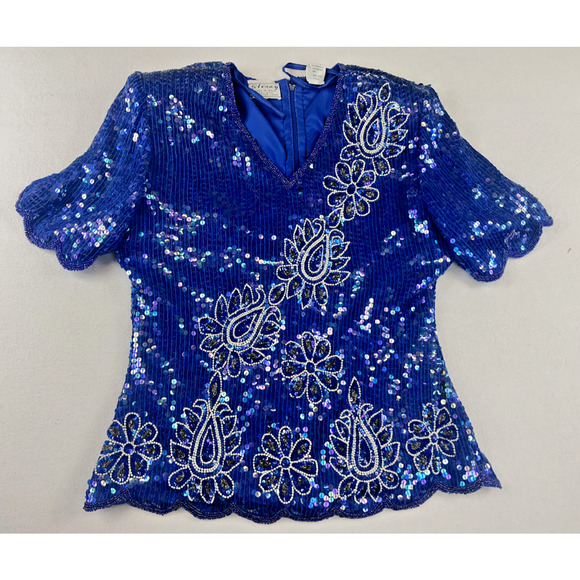 Vintage‎ STENAY Silk BEADED SEQUIN TOP Blue Short Sleeve Ladies 8 Party Wedding - Picture 1 of 12